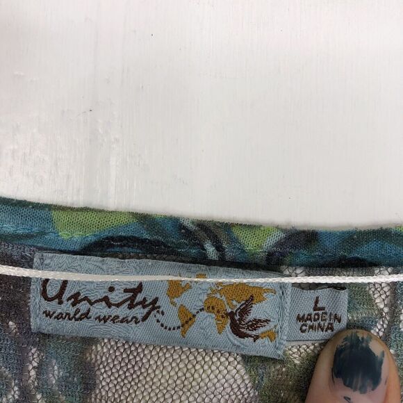 Unity World Wear Y2K Top Fitted Dyed Print Ruffle Cap Sleeve Womens L Stretchy - Picture 11 of 13